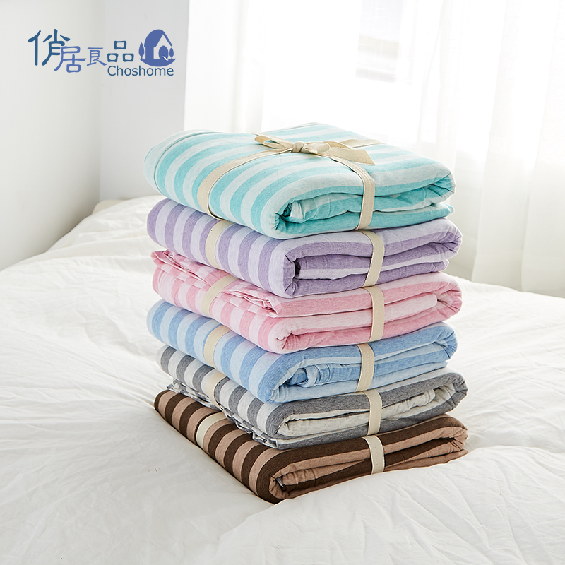 俏居(Choshome)家纺 日式四件套纯棉新疆长绒棉针织棉床笠被套简约条纹款全棉天竺棉套件高清大图