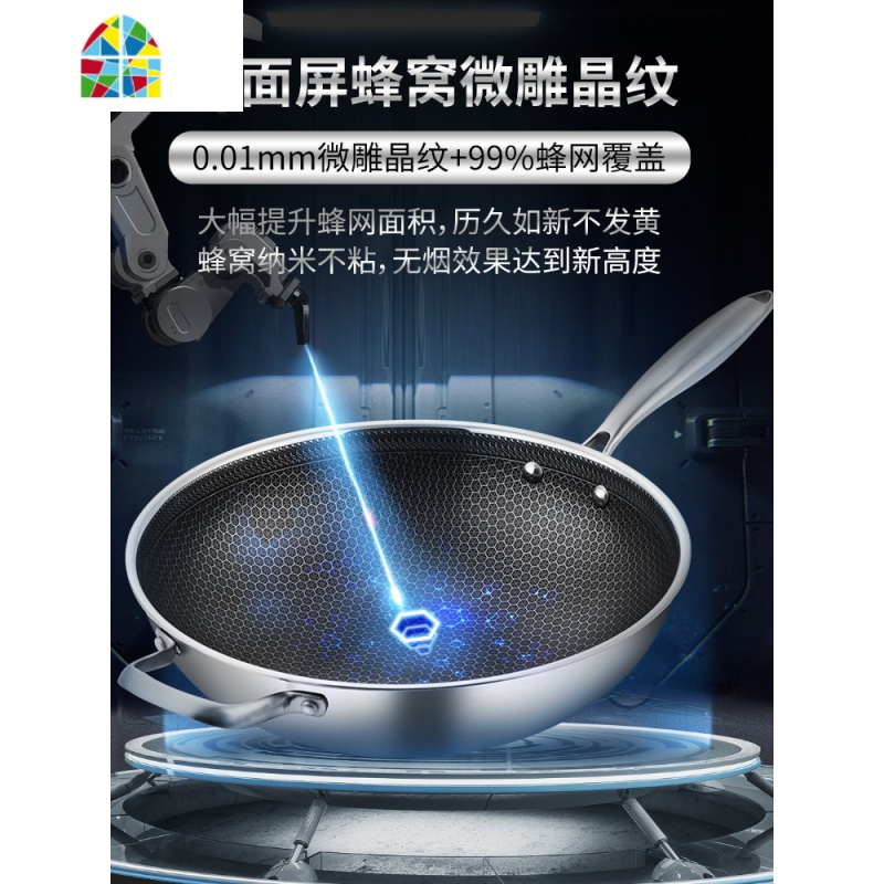 304不锈钢炒锅不粘锅家用电磁炉燃气适用锅具不沾锅菜锅 FENGHOU 34cm(带副耳)