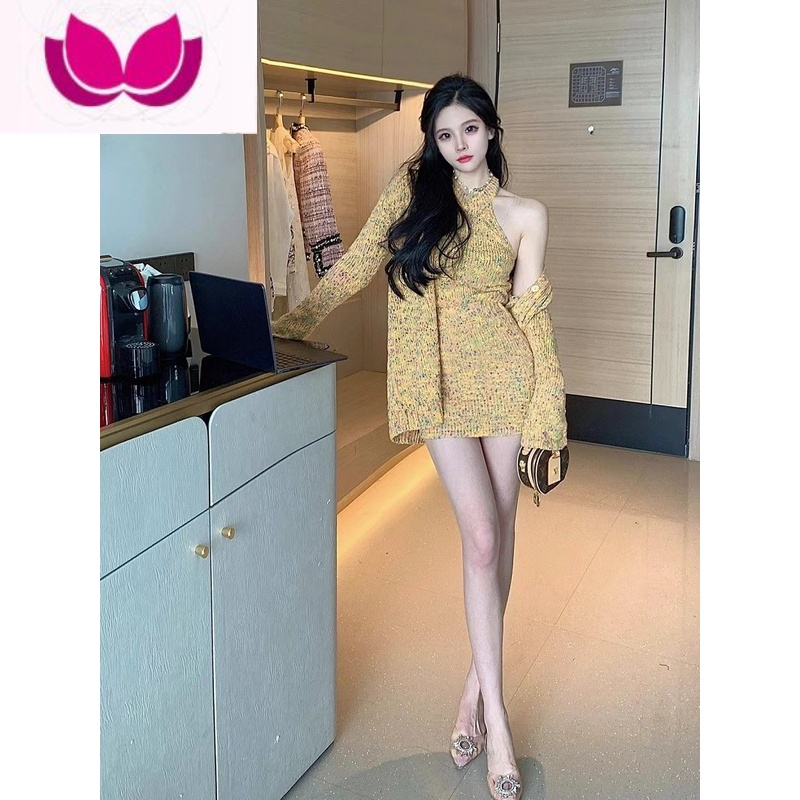 七斓网红同款23早春新品设计甜美辣妹针织三件套背心半身裙开衫套装织 L 三件套黄色