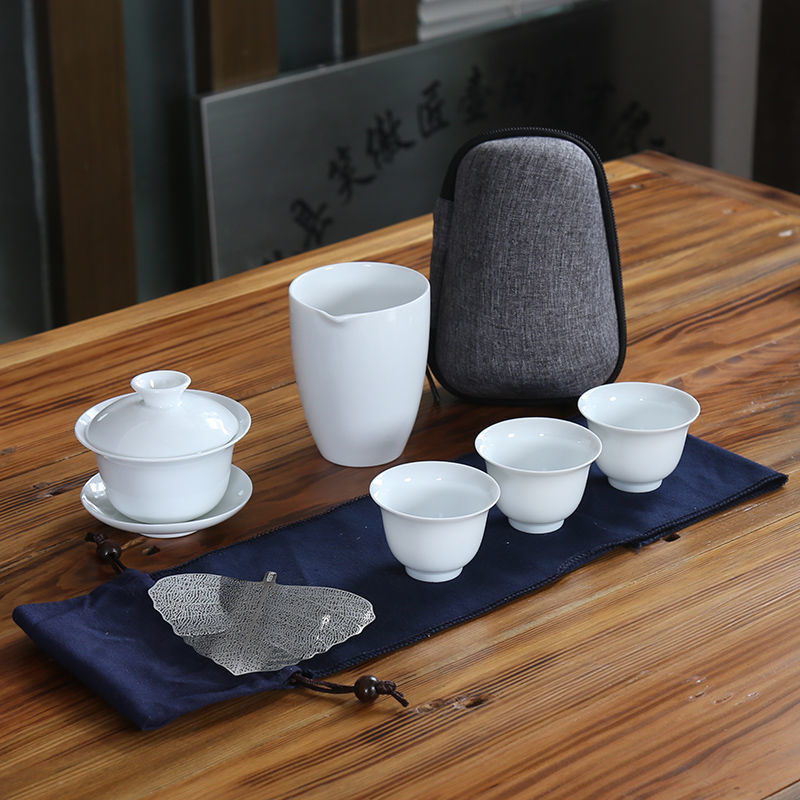 薄胎羊脂玉盖碗旅行茶具套装甜白玉瓷快客杯玻璃一壶四杯简约便携 带底陶瓷聚香杯3杯旅行茶具