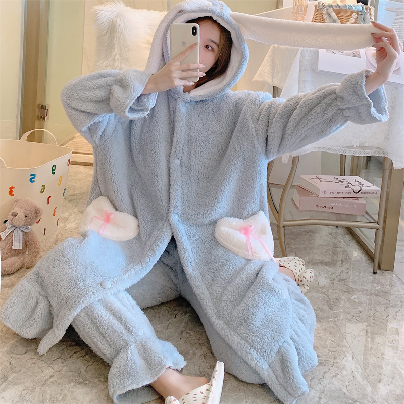 秋冬季珊瑚绒睡袍女长款星小兔子睡衣加厚加绒卡通长毛绒家居服套装dx