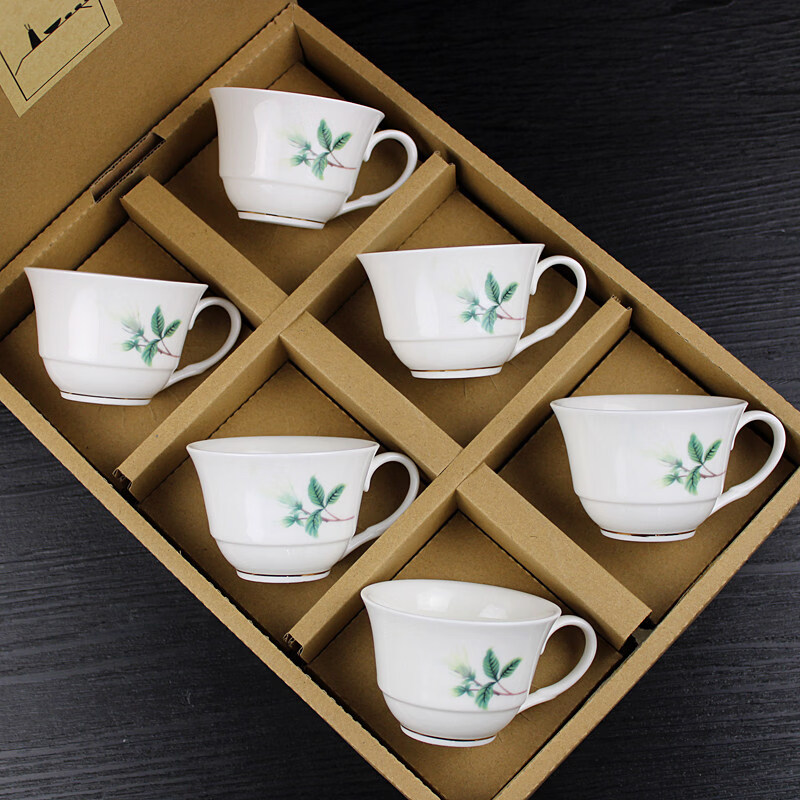 青花瓷斗笠功夫茶具 陶瓷带柄小清新风格 山茶花 6杯