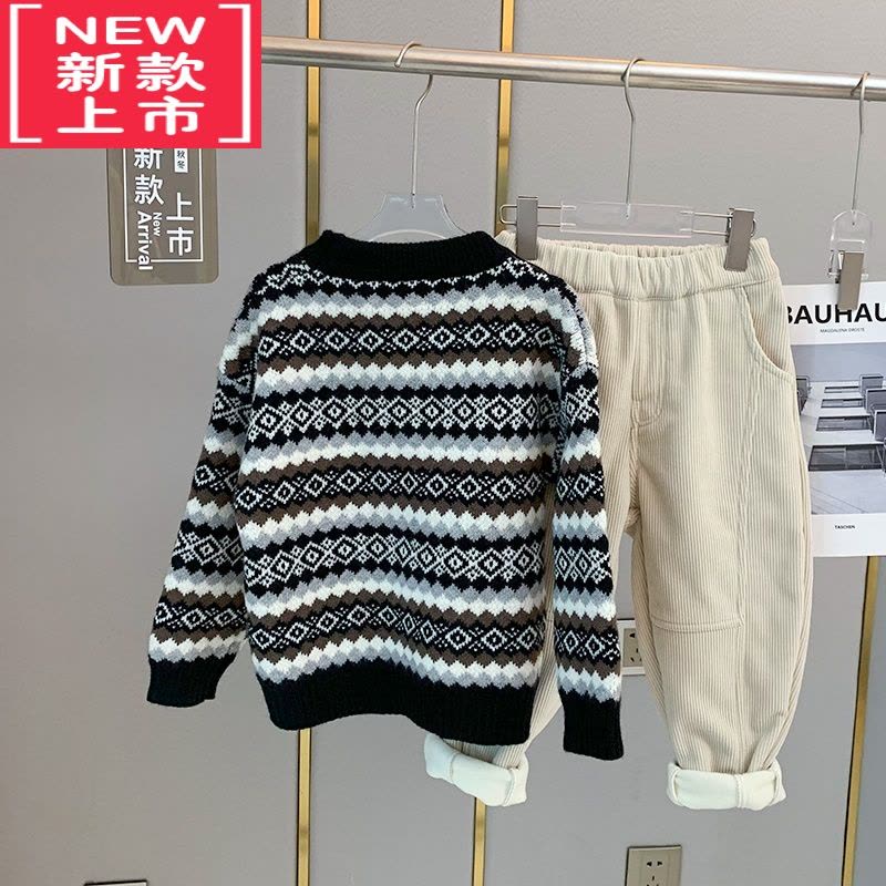 可莉允男童毛衣套头毛线衣2022秋冬新款儿童针织衫菱格复古宝宝加厚保暖图片