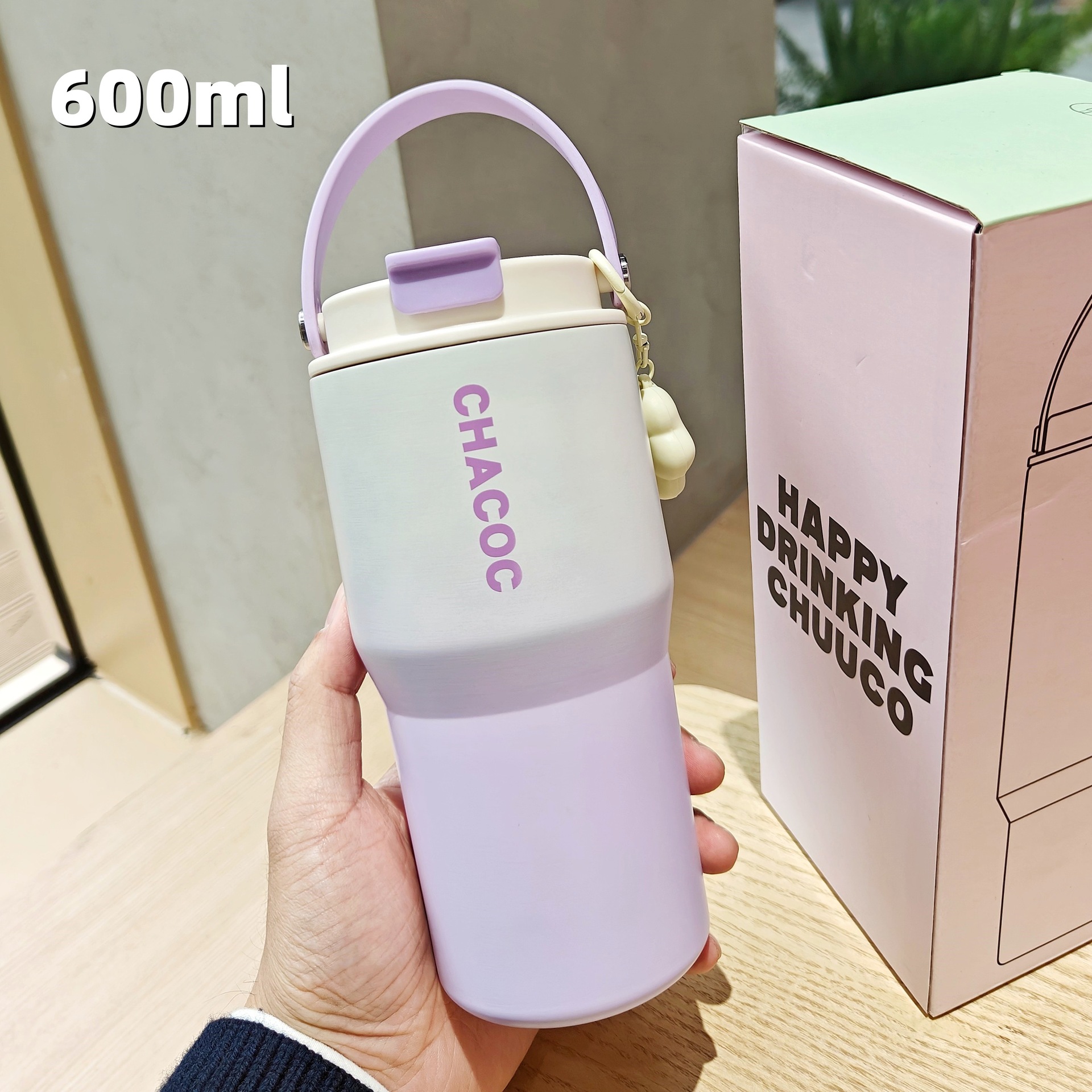 时尚渐变真空保温杯简约女士大容量咖啡杯便携手提杯子 紫色-600ml