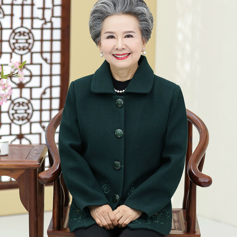 迪鲁奥（DILUAO)轻奢品质中老年人春秋喜庆外套女老太太秋装红色上衣呢子大衣老奶奶装妈妈_604 XL(建议90-105斤) 绿色单件上衣
