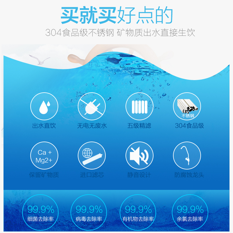 海尔净水器家用直饮自来水过滤器超滤厨房不锈钢净化水机HU603-5A