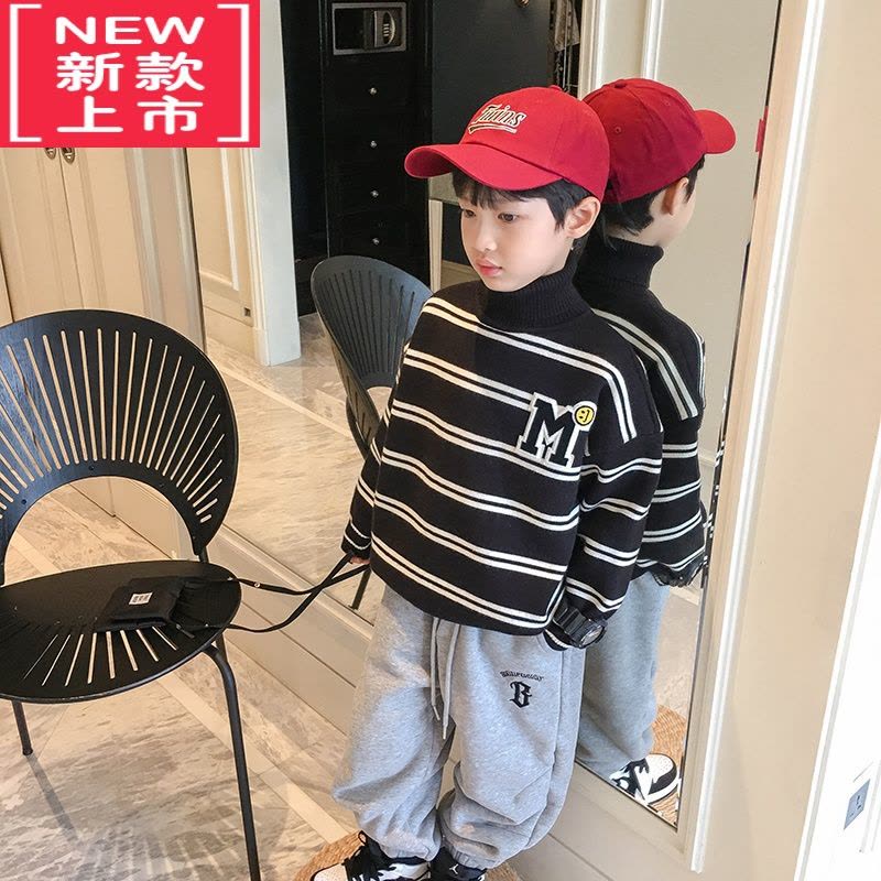 可莉允男童冬装儿童毛衣2022冬季新款条纹加厚保暖男孩高领针织打底衫衣图片