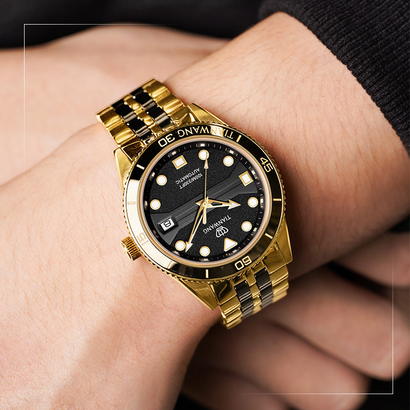 天王表男士机械表闪耀黑金钢带男表夜光显示2023年限定款101163