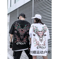 国潮嘻哈2019夏季新款女短袖T恤情侣宽松五分袖oversize上衣男