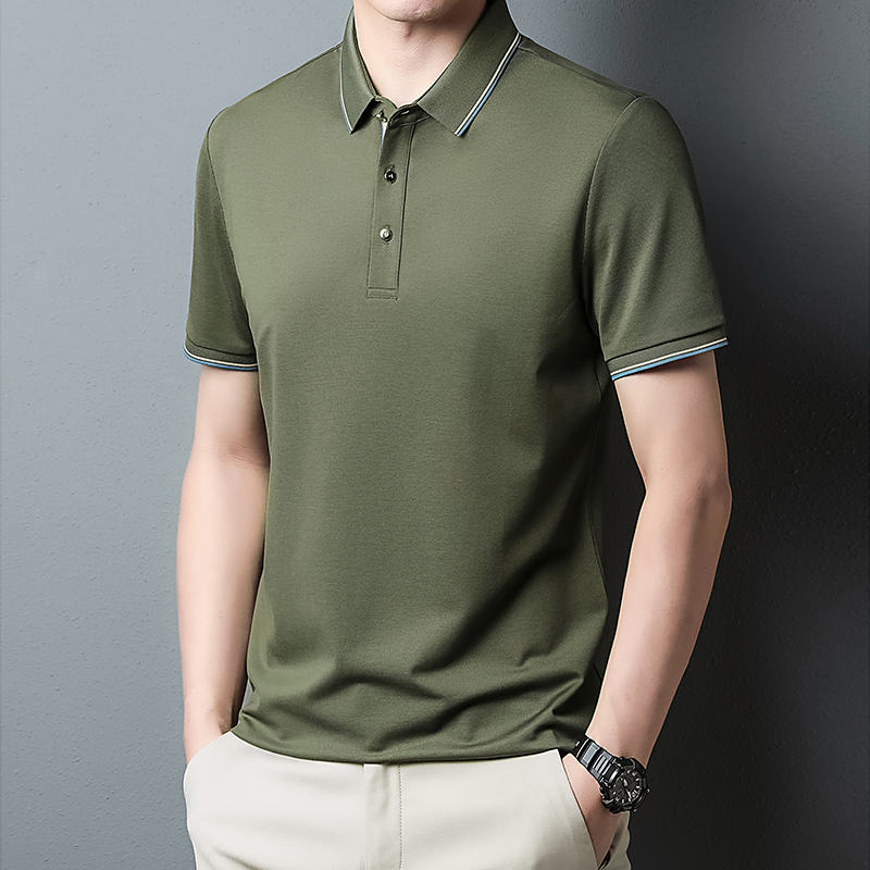 桑蚕丝polo衫男士短袖t恤2024新款夏季免烫抗皱商务休闲半袖上衣短袖t恤男翻领中年纯色免烫抗皱商务休闲polo衫夏薄高清大图
