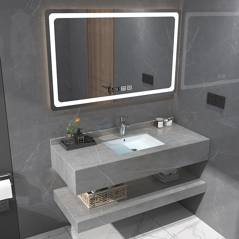 如华福禄定制岩板一体盆浴室柜卫生间洗漱洗手台双层大理石洗手盆单