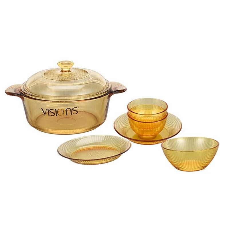 康宁visions玻璃透明汤锅餐具5件套锅小碗2大碗小盘大盘视频