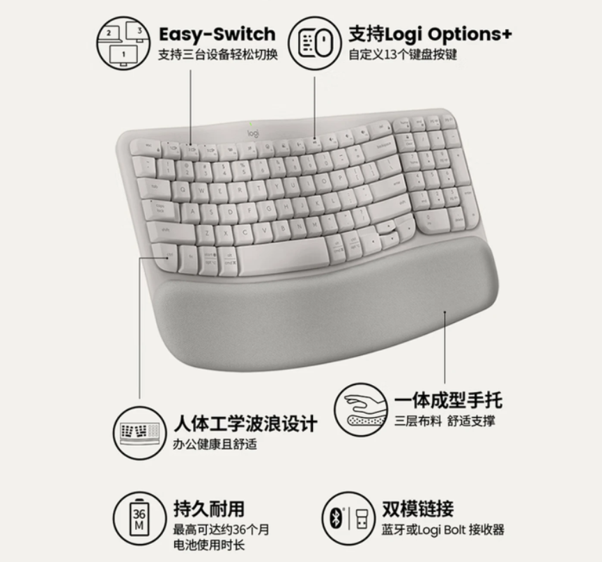 罗技(Logitech)Wave Keys 人体工学 无线键盘 沙色高清大图