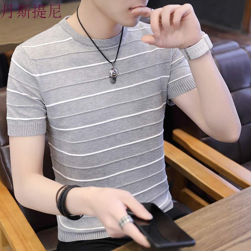 条纹针织小衫男士圆领修身潮流短袖T恤个性夏季2018新款衣服潮牌