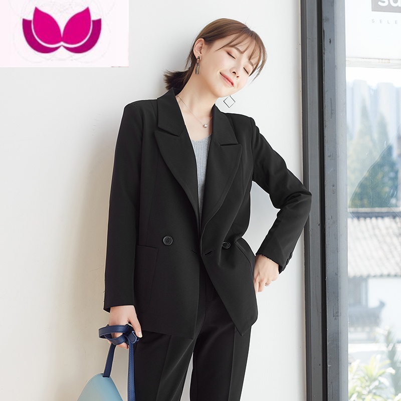 七斓西装套装女2023年新韩版休闲宽松学生面试正装职业套装套 S 黑色外套+裤子横排两粒扣春秋款