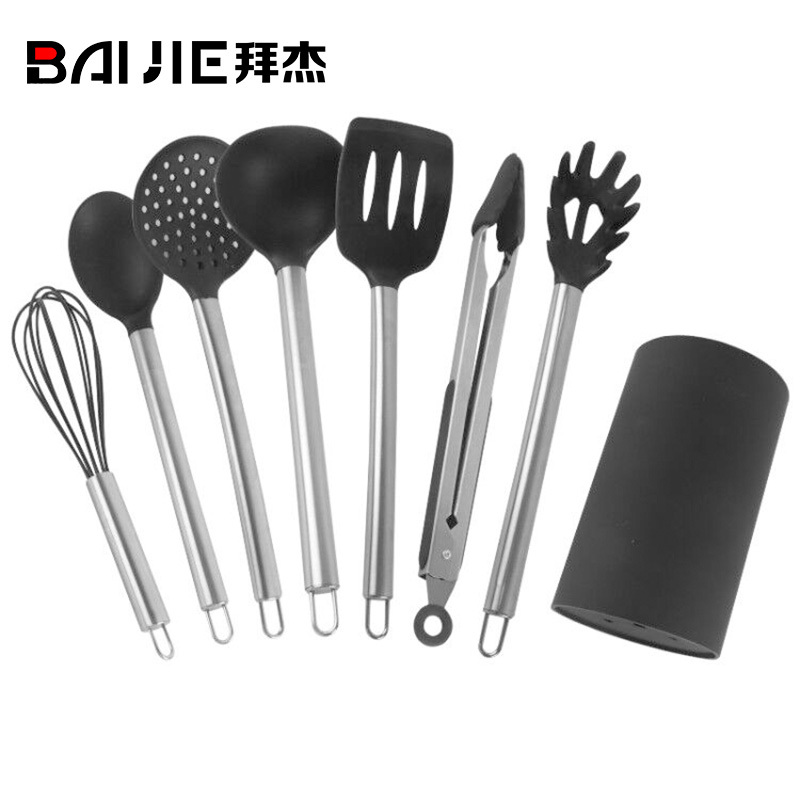 硅胶锅铲套装厨房不沾锅专用厨具炒菜铲子勺子套装不锈钢手柄厨房汤勺漏勺炒菜铲子饭勺削皮刀铲勺组合彩盒装8件套