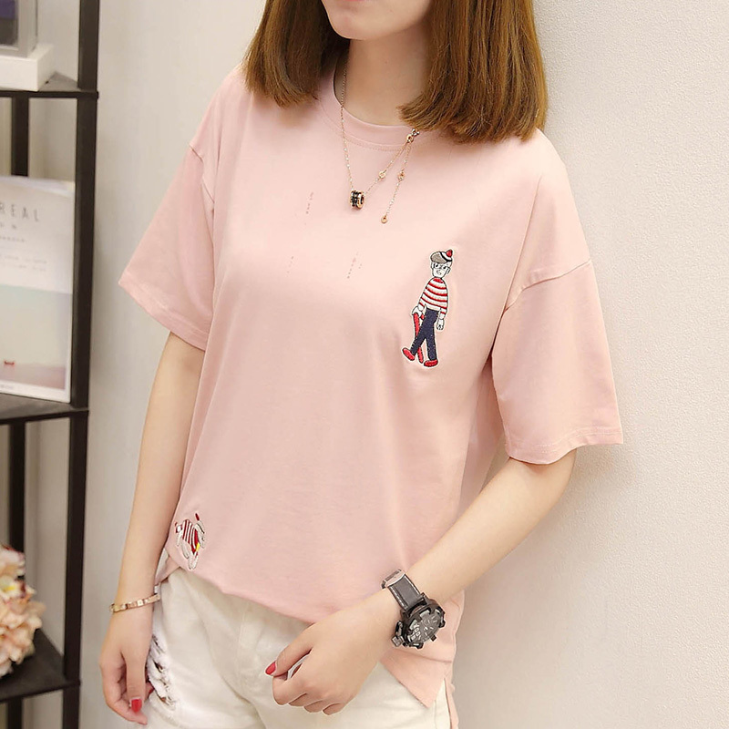 短袖T恤女学生2018夏装刺绣宽松圆领百搭t血女款体桖上衣服韩版潮