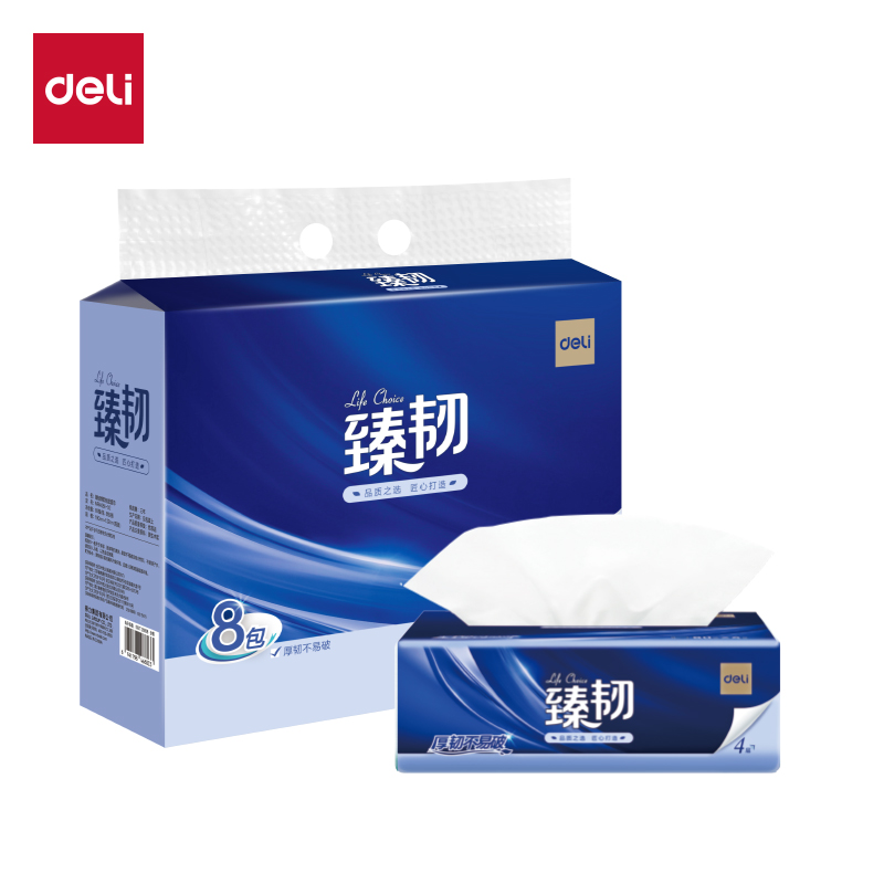 得力 臻韧软抽4层80抽S码 原生木浆吸水性强柔韧不易破 MR4080-02 白色 8包/提 4提装