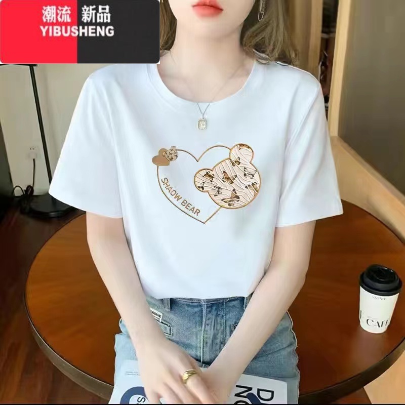 YIBUSHENG白色女士短袖T恤女2024新款季小个子体恤正肩大码印花上衣高清大图