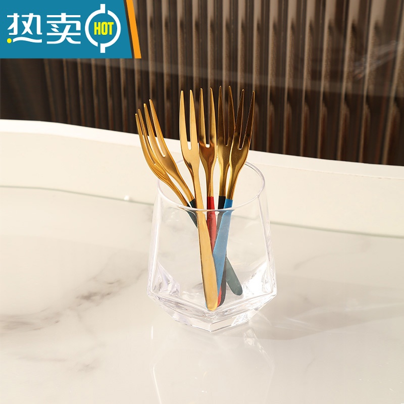 敬平不锈钢304金色水果叉子家用套装高端甜品叉果插果签可爱网红轻奢 七色叉/蓝金/一支装高清大图