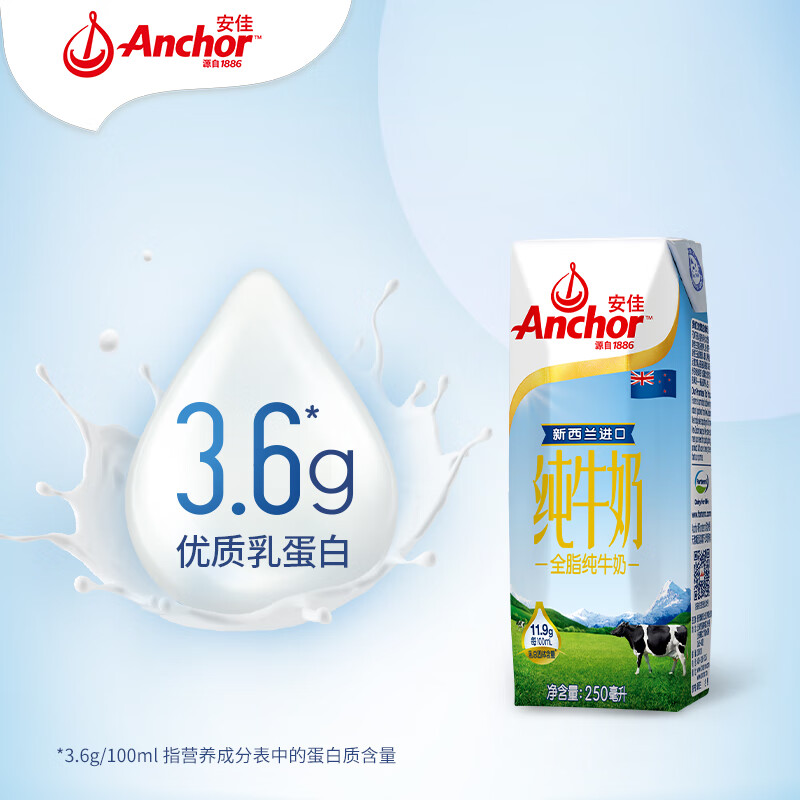 安佳全脂纯牛奶250ml*10盒 新西兰进口 3.6g蛋白 草饲奶源高清大图