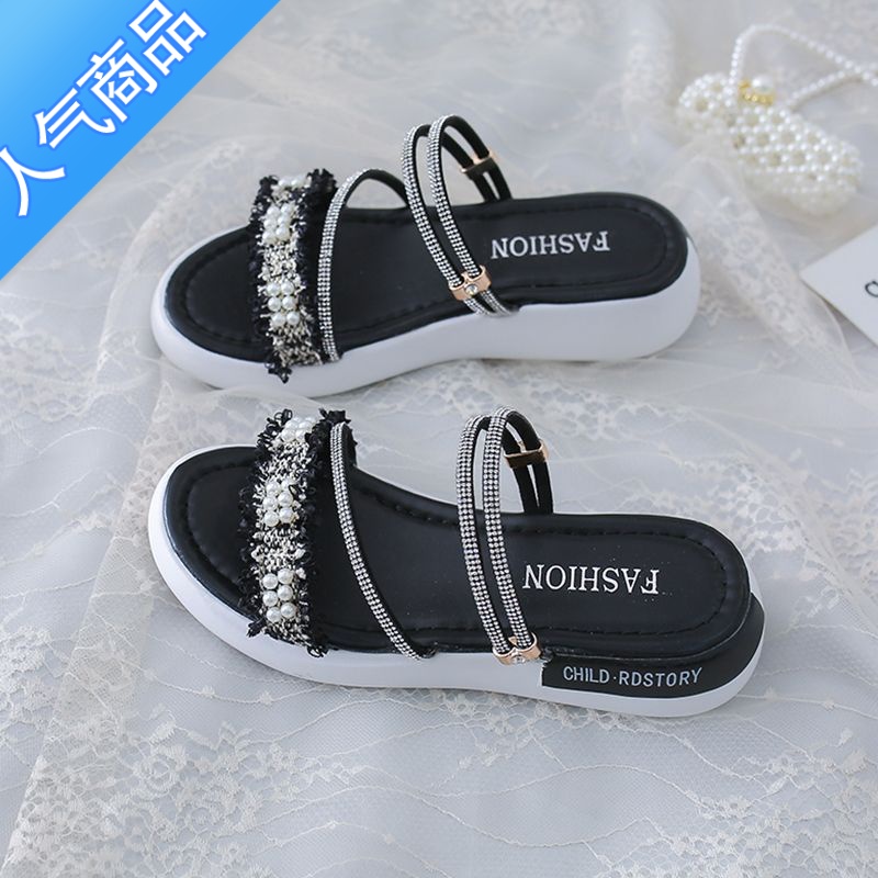 SUNTEK两穿凉鞋女2023年夏季新款一字带仙女风平底鞋外穿水钻珍珠凉拖鞋高清大图