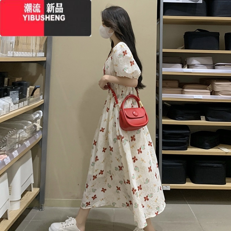 YIBUSHENG大码温柔甜美风方领连衣裙女季法式茶歇裙胖MM收腰显瘦气质长裙