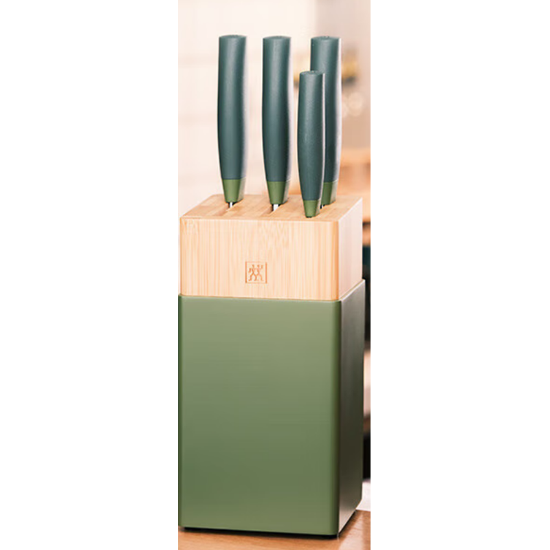 双立人54370-000-722刀具5件套(青柠) 中片刀+多用刀+砍刀+蔬果刀+刀架高清大图