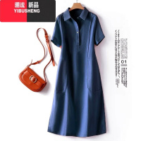 YIBUSHENG短袖连衣裙女POLO领2024新款气质减龄休闲显瘦中长款衬衫龄 L 藏青色纯棉有口袋
