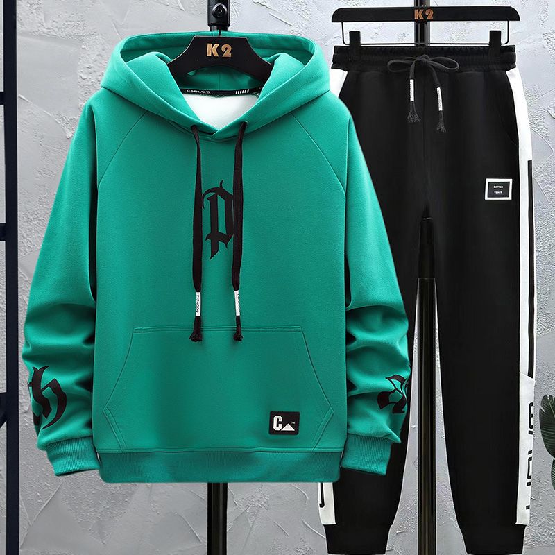 青少年13大童卫衣男春秋装16中学生长袖体恤韩版运动连帽套装 套装春秋款111绿色（上衣+裤子） XL110-130斤
