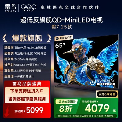 雷鸟 鹤7 25款65英寸 0.5%LR低反膜QD-MiniLED HVA屏 一级能效家电国家补贴65R695C