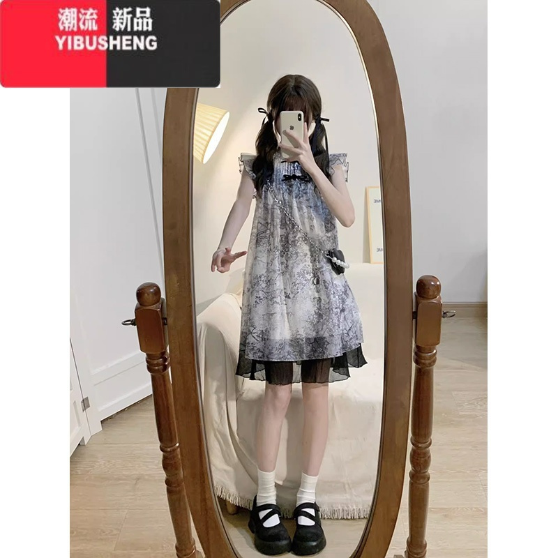 YIBUSHENG新中式改良小飞袖水墨画连衣裙季女装国风复古收腰显瘦别致短裙