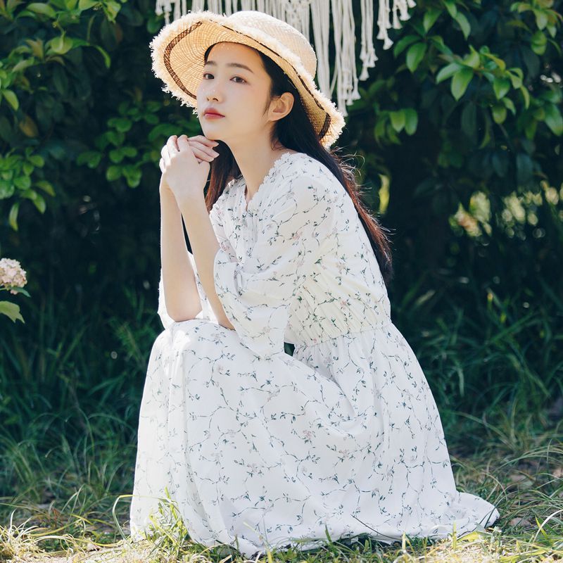 艳如飞白色碎花连衣裙女夏小清新收腰雪纺裙子仙女超仙森系长裙学生