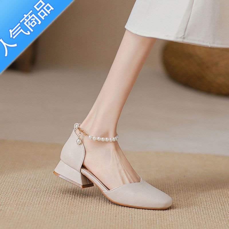 SUNTEK粗跟单鞋女2023新款春夏包头凉鞋仙女风配裙子温柔鞋中跟玛丽珍鞋图片