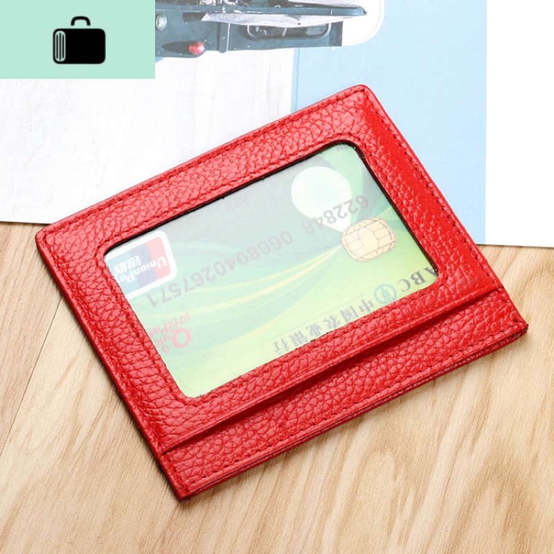 超薄皮卡包男士牛皮卡片包女式小皮夹迷你银行卡皮套零钱包NEW LAKE 大红色-透明窗款真皮材质