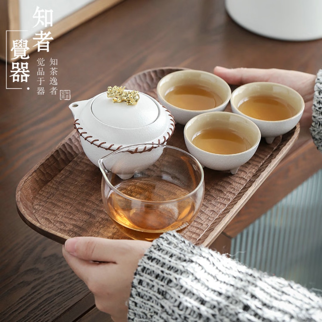 知者觉器貔貅旅行茶具套装 红色 一壶3杯高清大图