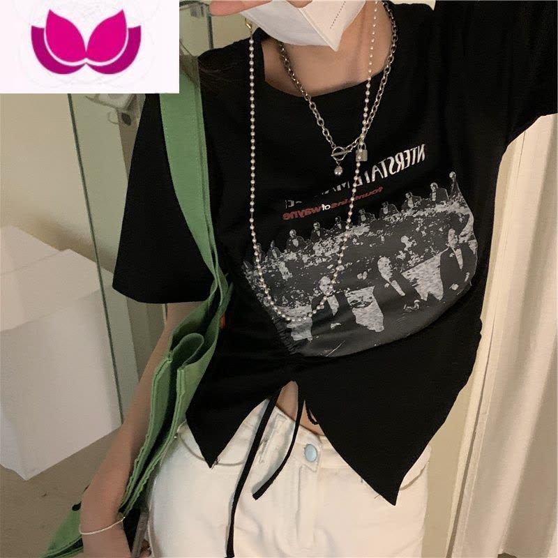 七斓大码胖妹妹复古chic抽绳开叉正肩显瘦短袖T恤女新款酷甜上衣图片