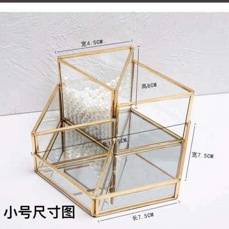 面美甲工具搓条笔刷收纳筒透明玻璃化妆品收纳盒金色北欧SIN风 小号六角金边收纳盒+80克珍珠