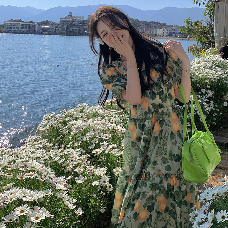 美动态大码女装新款浅色系小碎花连衣裙2022夏胖mm百搭显瘦连衣裙