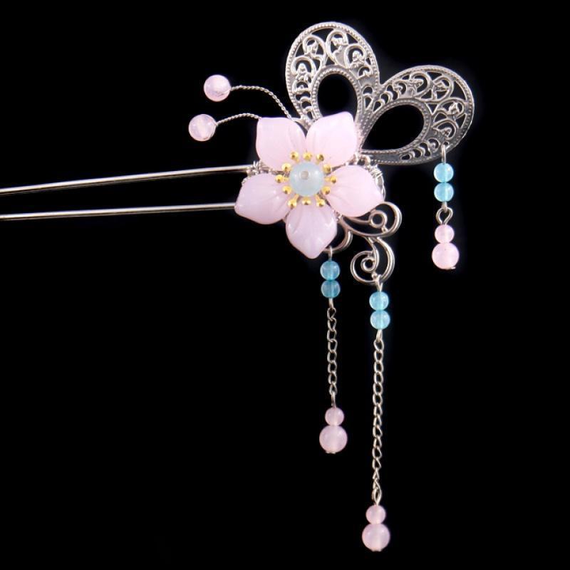 粉色花朵头饰女古典簪古装簪子古苏u型簪汉服步摇cos送女朋友老婆生日