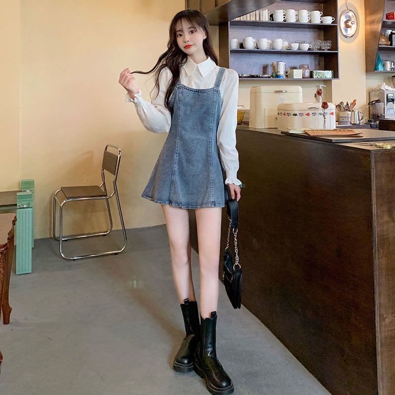 美动态大码女装牛仔连衣裙假两件连衣裙2022春季新款胖mm设计感裙图片