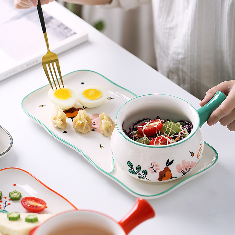 美帮汇早餐碗少女心碗盘套装一人用学生陶瓷甜品日式餐具风 深蓝早餐盘高清大图