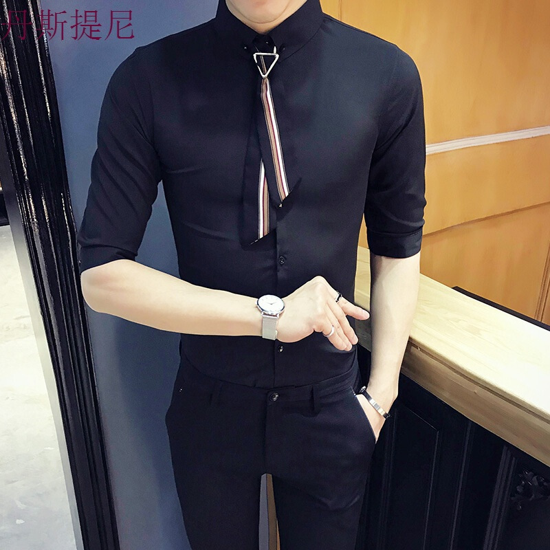 夏季韩版潮流衬衫半袖衬衣男称衫理师上衣服美师服装个性衬褂