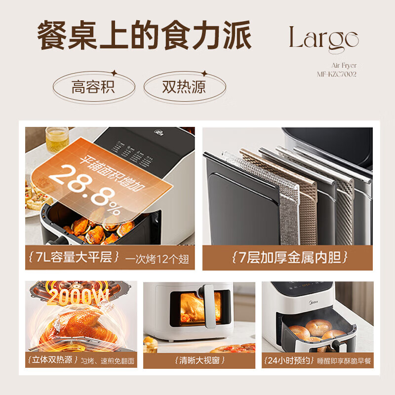 美的(Midea)家用大容量多功能全自动空气炸锅 7L KZC7002高清大图