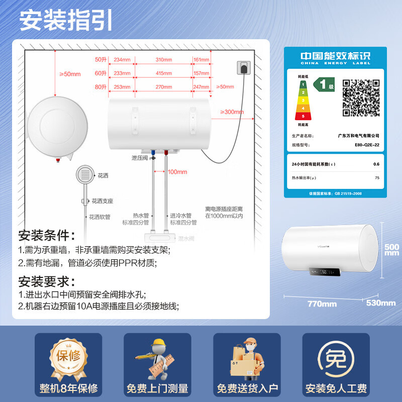 万和[节能星Q2E]50升2200W速热超一级能效免换镁棒抑菌净水一键预约储水式电热水器E50-Q2E-22高清大图