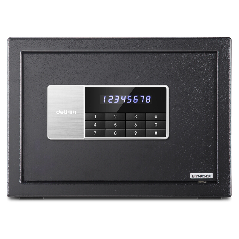 得力(deli)92619电子密码保管箱(黑色) 高25cm办公家用防盗小型隐形保管柜 入墙床头柜