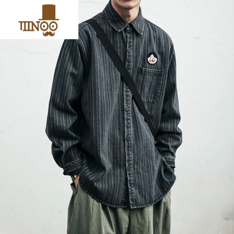 YANXU日系潮牌宽松条纹衬衫男韩版潮流长袖衬衣情侣学生百搭上衣高清大图