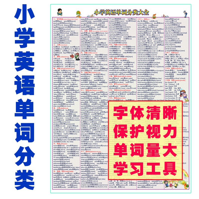 小学英语单词表分类大全挂图 记忆表知识小升初复习起点图表墙贴
