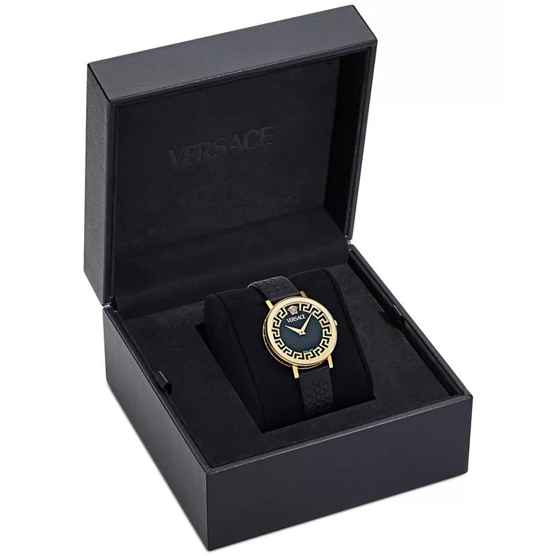 范思哲(Versace)瑞士Daedalus黑皮表带女士石英手表35mm金离子镀层防水防刮高清大图