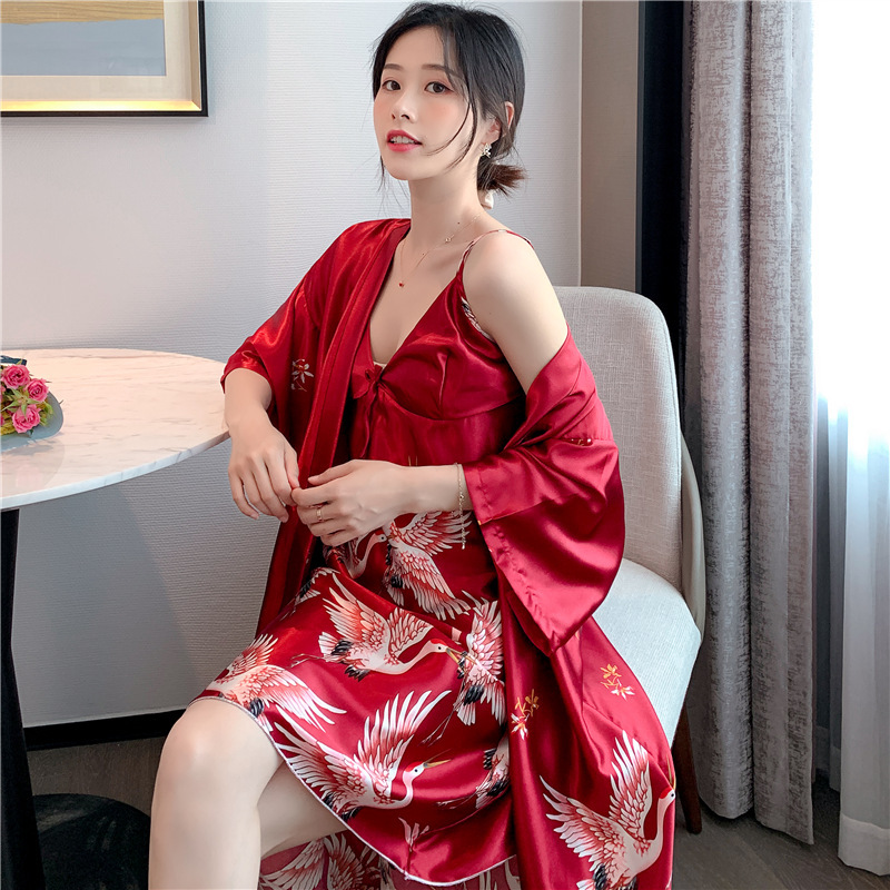 睡衣女春秋仙鹤新娘冰丝绸浴袍性感睡袍红色结婚伴娘夏季薄款晨袍
